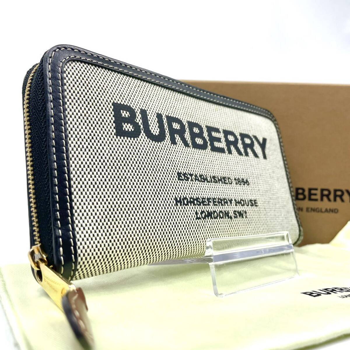 1円【極美品】BURBERRY バーバリー ラウンドファスナー 長財布 ホースフェリー 本革 ジップウォレット ブラック ホワイト メンズ エルモア_画像1