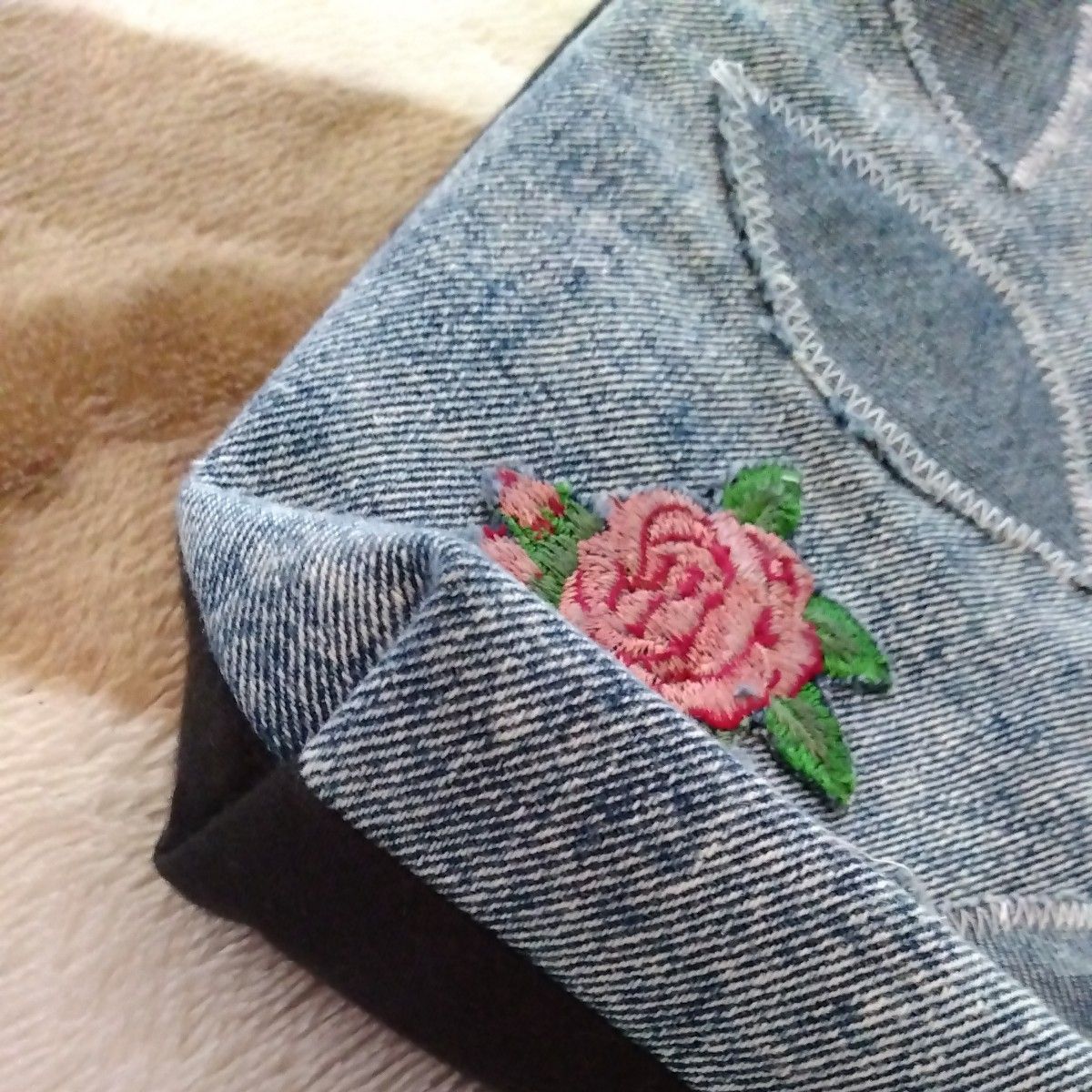 ハンドメイドデニム トートバッグ 手作り薔薇刺繍
