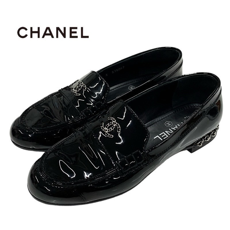 シャネル CHANEL ローファー 革靴 フラットシューズ 靴 シューズ ココマーク チェーン パテント ブラック 黒