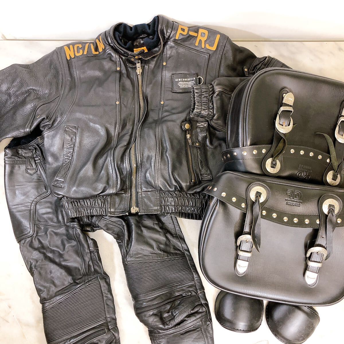 古着 レザージャケット パンツ サイドバッグ まとめて 革ジャン NEW CONCEPTER KADOYA K' Leather NANKAI ライダースセット ブラック M/LL_画像1