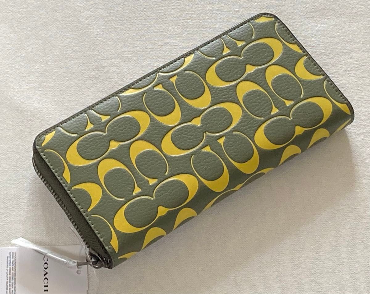 新品 COACH 長財布　シグネチャー　イエロー　カーキ ラウンドファスナー