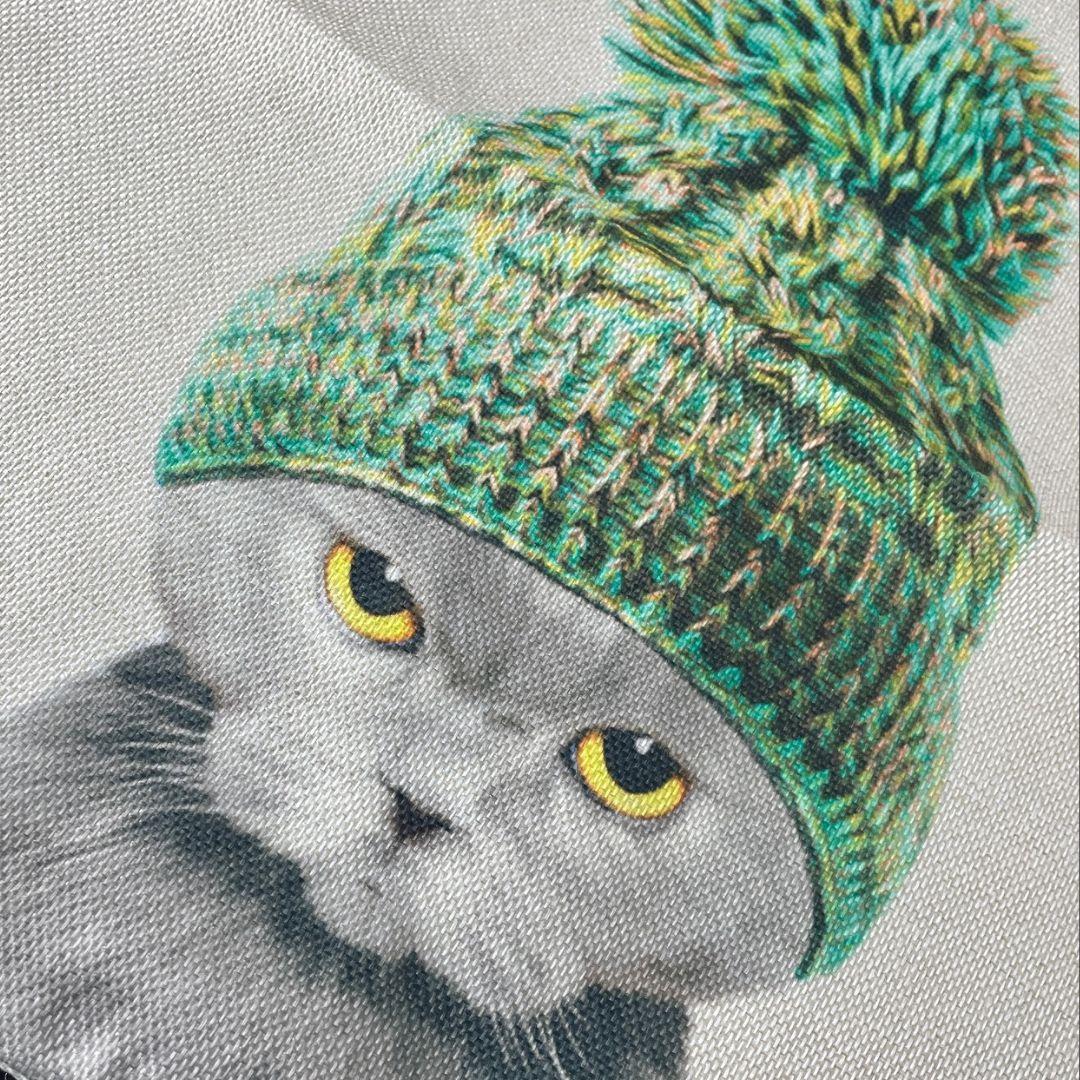 クッションカバー ねこ 45ｘ45 リネン 猫柄 かわいい ネコ ニット帽の画像3