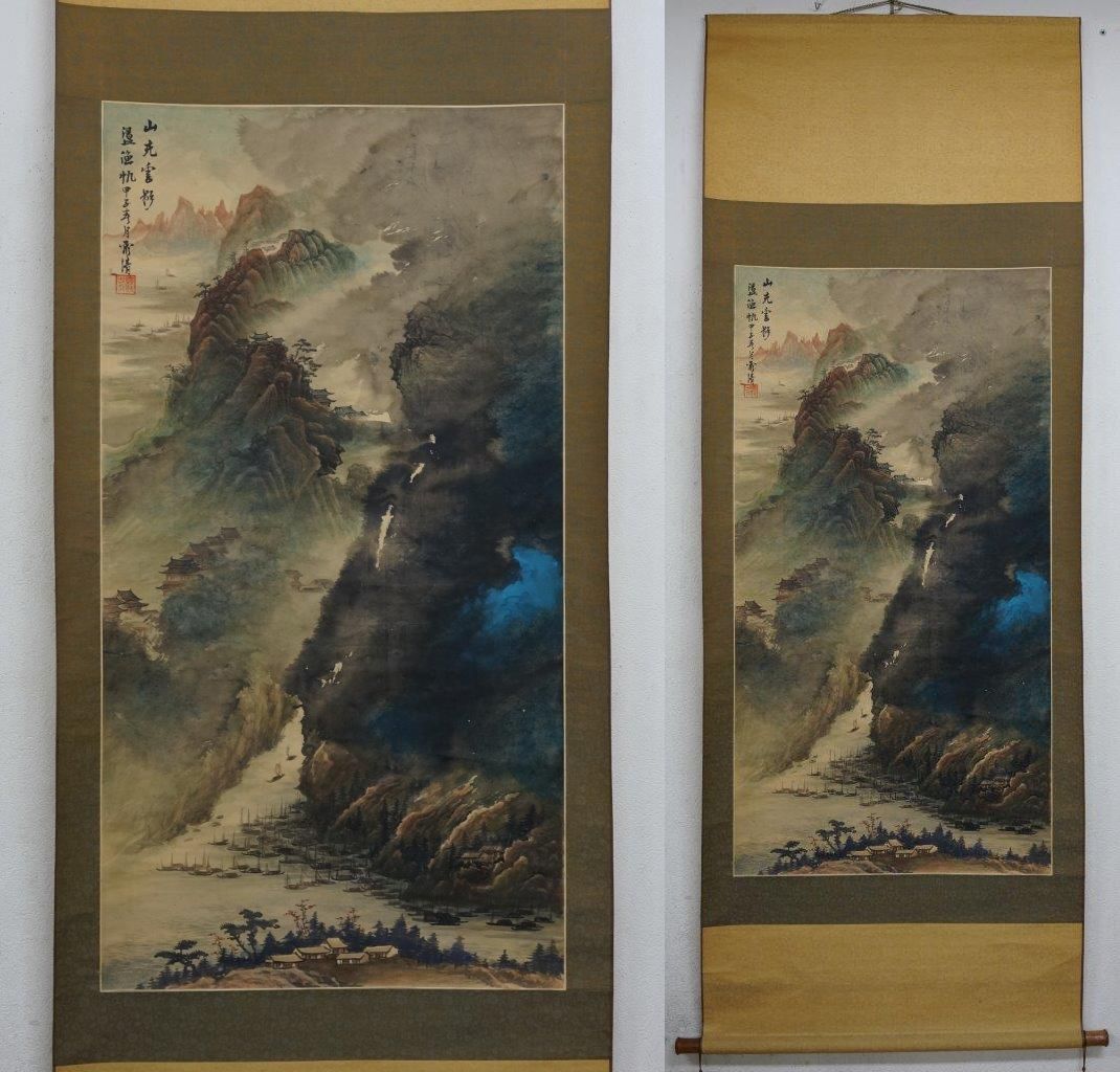50　作者不詳　霊清？ 　山水図　　中国画　唐画　細密画　　写実画　　時代掛軸　_商品説明に画像があります。