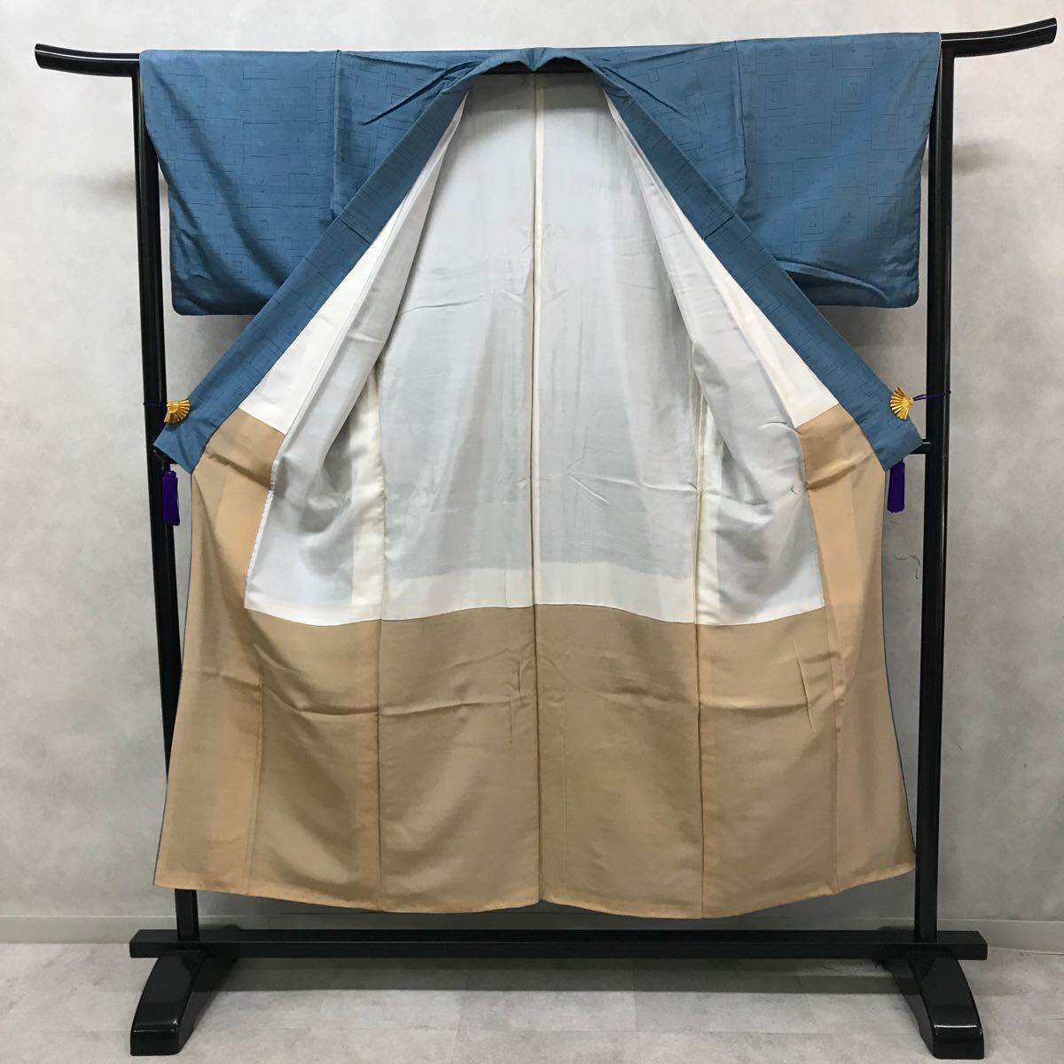 着物　総柄　袷　小紋　紬　青色　正絹　春夏秋冬　着丈151cm 裄丈61cm 0311-20y_画像6