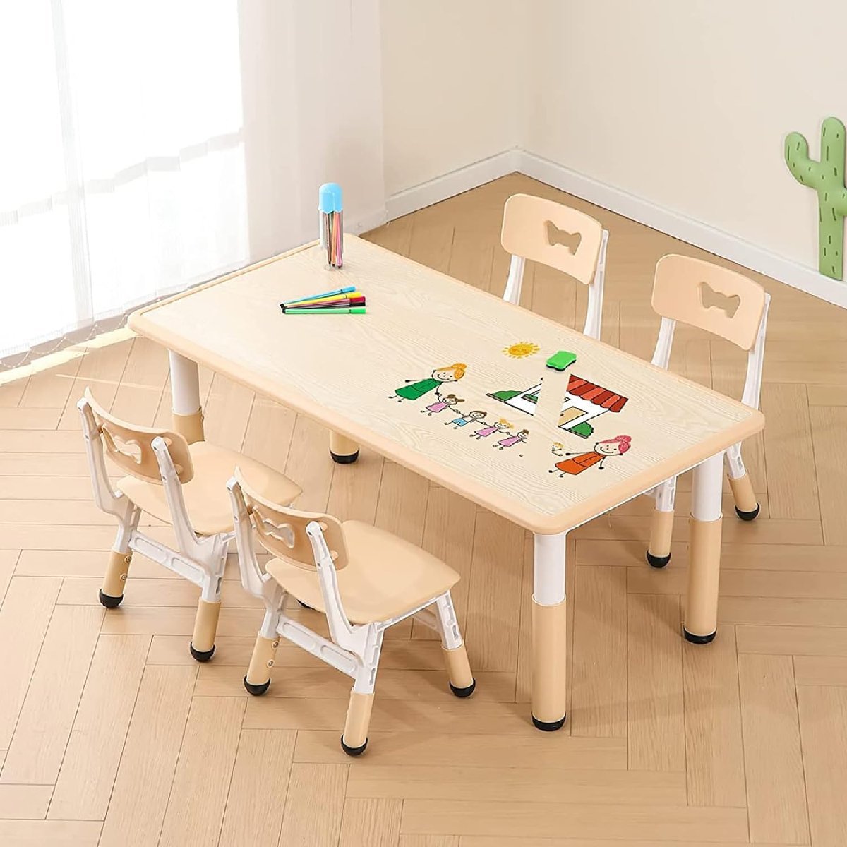 キッズテーブルと4チェアセット 子ども机と椅子4脚セット2～8歳用 幼児 おえかきテーブル ダイニングテーブル 150KG
