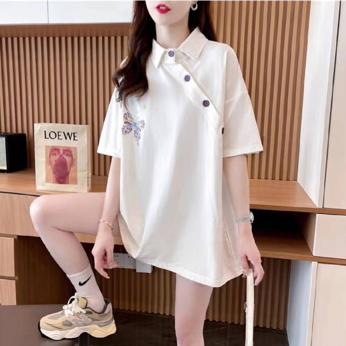 ボタンブラウス Ｔシャツ   半袖  襟付き 夏服  オシャレ 大きめ 春  シャツ 韓国 大きめ