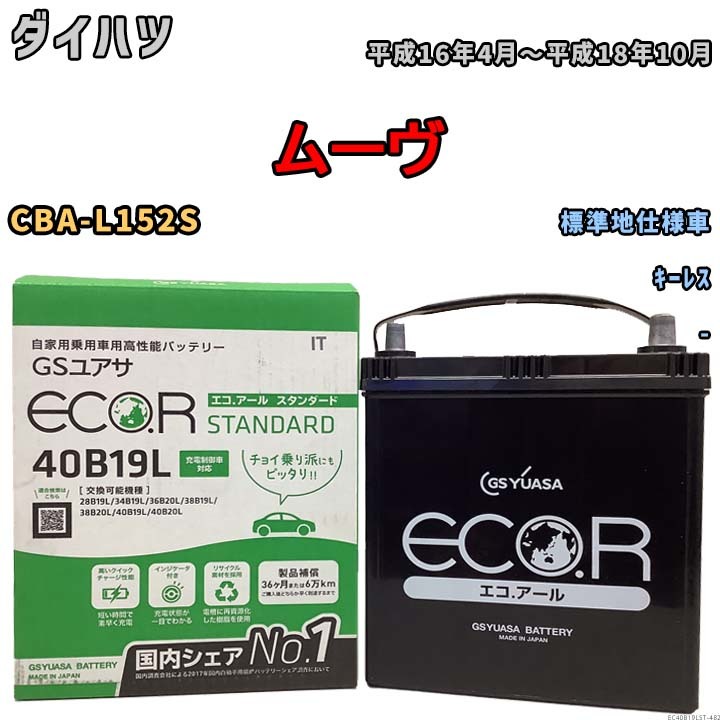 国産 バッテリー GSユアサ ECO.R STANDARD ダイハツ ムーヴ CBA-L152S 平成16年4月～平成18年10月 EC40B19LST_画像1