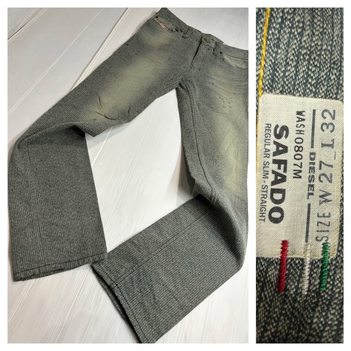 DIESEL ディーゼル　伊製　緑　SAFADO REGULAR SLIM - STRAIGHT ストライプデニム　ヴィンテージ 加工　ジーンズ　パンツ　W27 L32 約77cm_画像1