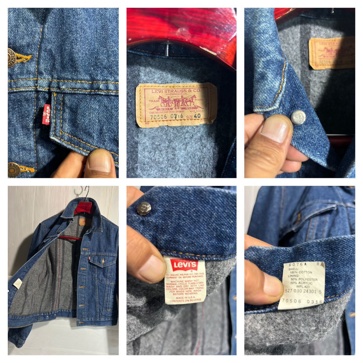 90's ヴィンテージ　Levi's リーバイス　70506 USA製　ブランケット付き　濃い色デニム　トラッカージャケット　40 L程　ボタン裏527 1990_画像2