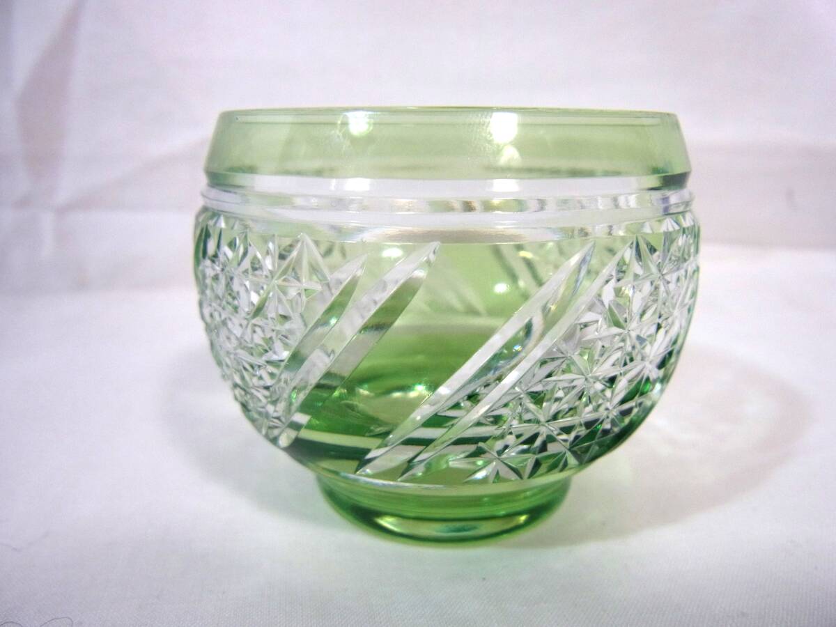 ●USED カガミクリスタル 江戸切子 カットガラス 酒器 食器 2点 懐石杯 ぐい呑 小鉢 在銘 使用感少_画像6