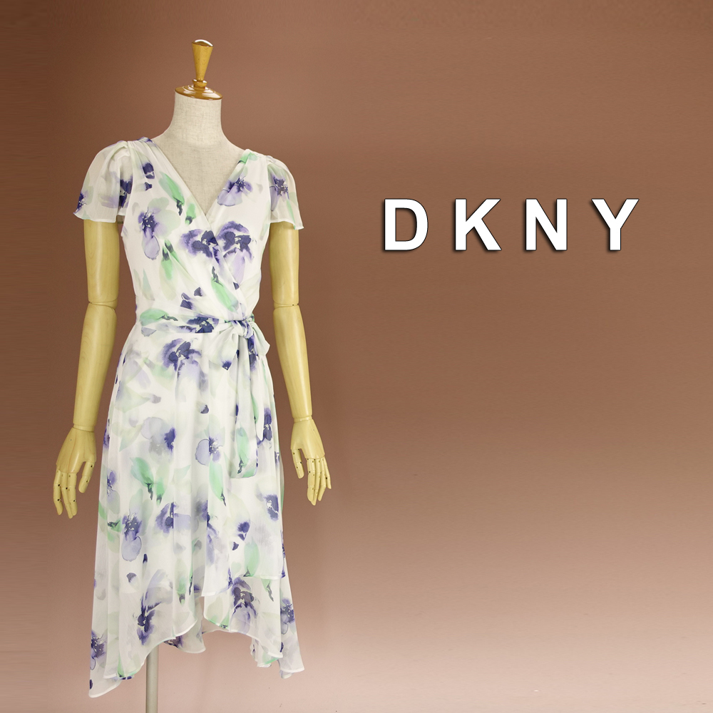 半額セール★新品 DKNY 6/11号 ダナキャラン 白 青 緑 花柄 シフォン ワンピース パーティドレス 半袖 結婚式二次会 フォーマル 華47JJ0705_画像1