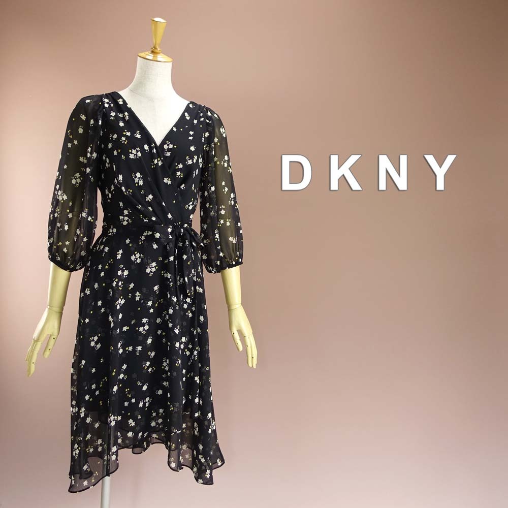 新品 DKNY 8P/11号 ダナキャラン 黒 白 花柄 シフォン ワンピース パーティドレス 七分袖 結婚式 披露宴 二次会 発表会 演奏会 華45Y1604_画像1