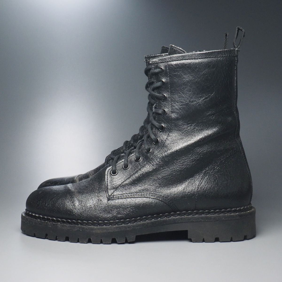 TH2878// Italy made *boe Moss /BOEMOS* men's 42/ crack leather / front lace / side Zip boots / leather shoes / black / black 