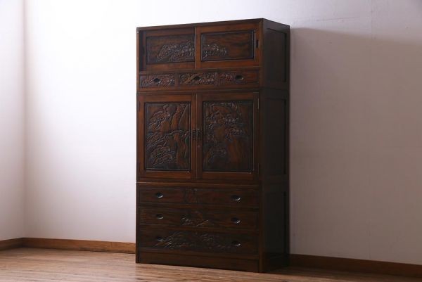 R-037856 used tradition industrial arts light .. carving costume tray attaching pine. map pattern ..... chest ( Japanese-style chest, costume chest of drawers )(R-037856)