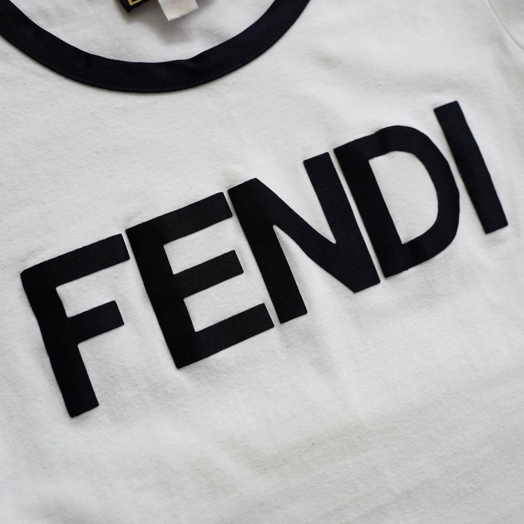 FENDI フェンディ ロゴTシャツ コットン トップス バイカラー ストレッチ クルーネック フレンチスリーブ パイピング タイトシルエット S_画像6