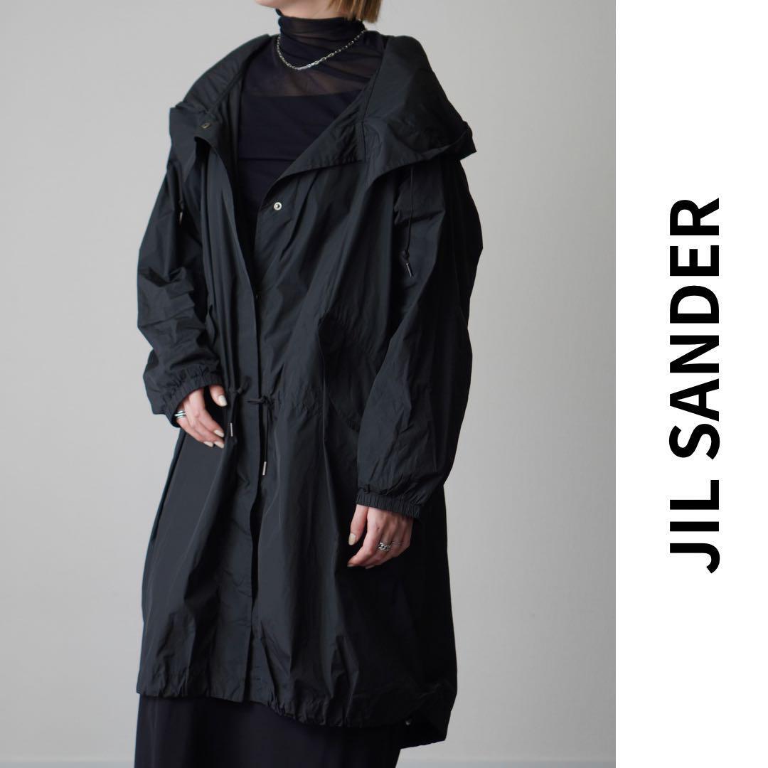 美品 JIL SANDER ジルサンダー フーデッドコート ライトアウター ロング丈 ドローストリング ジャケット オーバーシルエット サイズ32