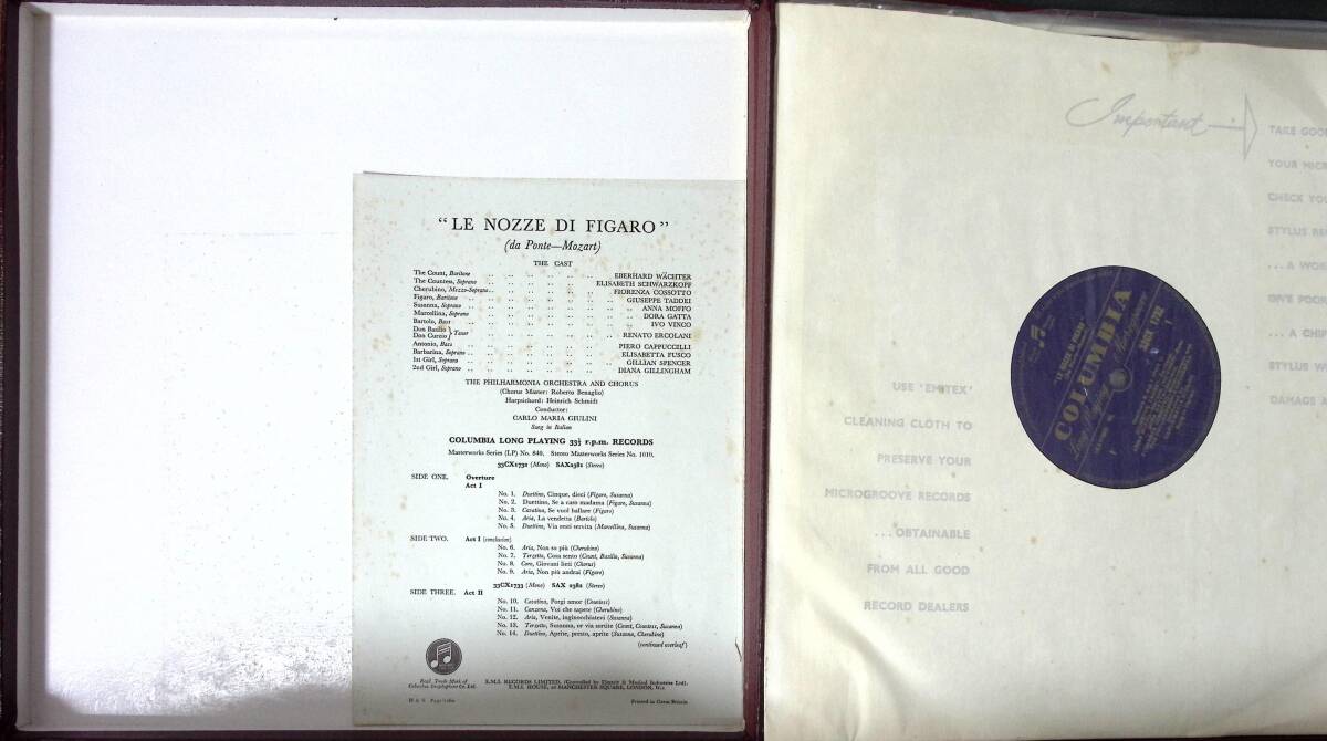 【定盤】ジュリーニ モッフォ・シュワルツコップ他 モーツアルト フィガロの結婚全曲 英Columbia 紺金ラベル盤4枚組箱 CMS840(33CX1732/5)_画像2