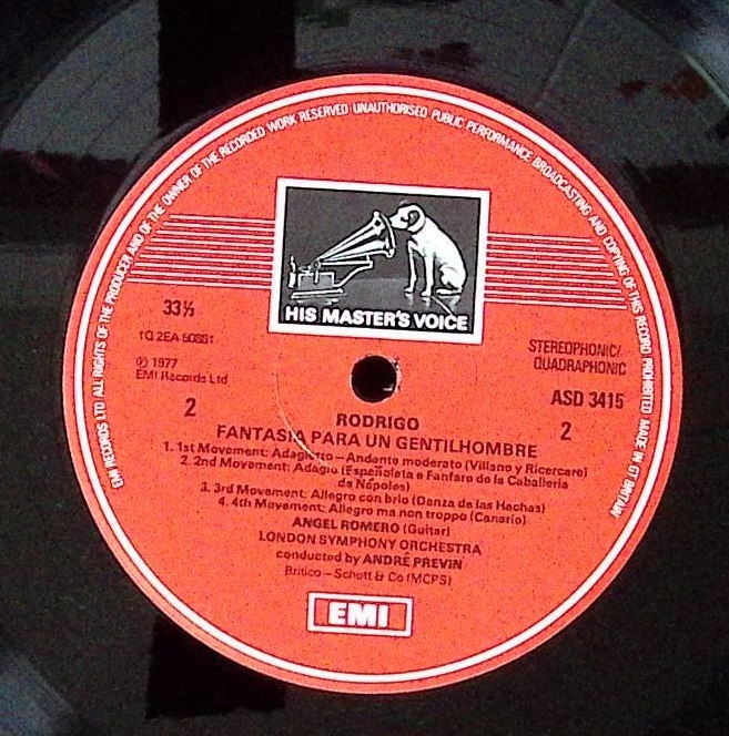 【高音質】アンヘル・ロメロ プレヴィン指揮ロンドンSO ロドリーゴ アランフェス協奏曲 ある貴紳のための幻想曲 英EMI Stereo盤 ASD3415_画像4