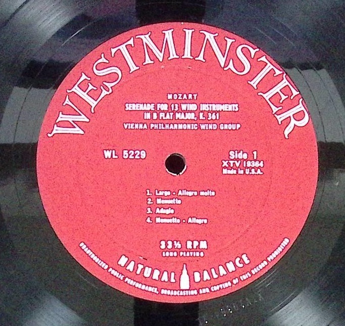 【貴重】ウイーンフィル木管グループ ウラッハ他 モーツアルト 13管楽器のためのセレナーデK361 米Westminster フラット盤 WL5229(1L/1AB)の画像4