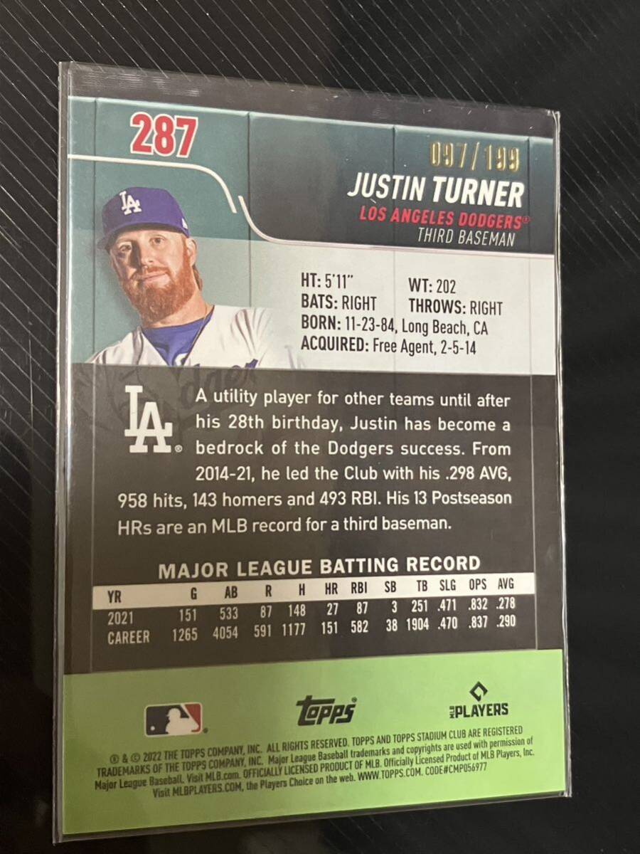 2022 Topps Stadium Club Chrome - [Base] - Blue Refractor #287 - Justin Turner /199_画像2