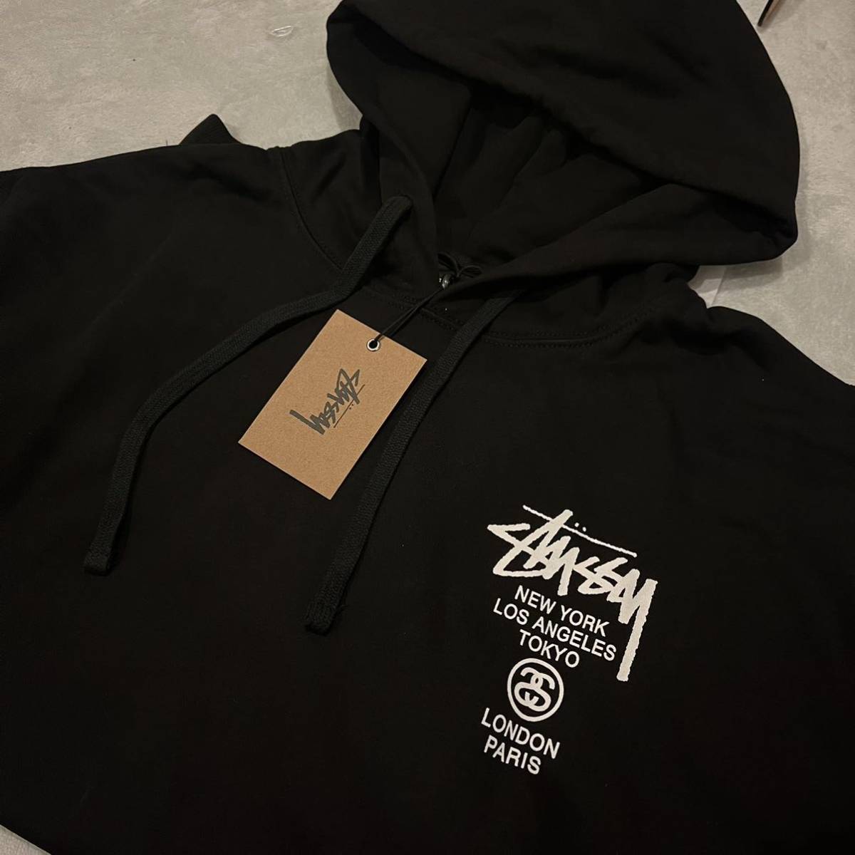 送料無料 stussy パーカー スウェットパーカー ワールドツアー 黒 ブラック world tour ステューシー メンズ レディース ユニセックス Lの画像6