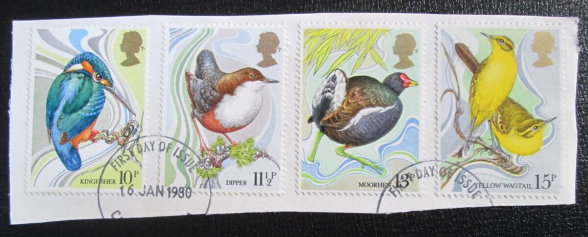 イギリス　英国記念切手　 1980年 野鳥保護100年記念　 10～15p：カワセミ、ディバー、アカライチョウなど　4種完　初日押印有　_画像1