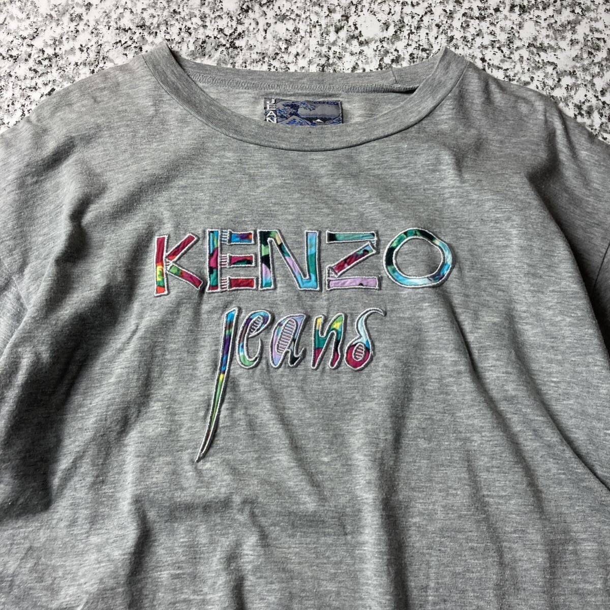 【90s北斎タグ】KENZO 刺繍ロゴ　シングルステッチ　ビンテージTシャツ　グレー　フリーサイズ　古着 半袖Tシャツ _画像2