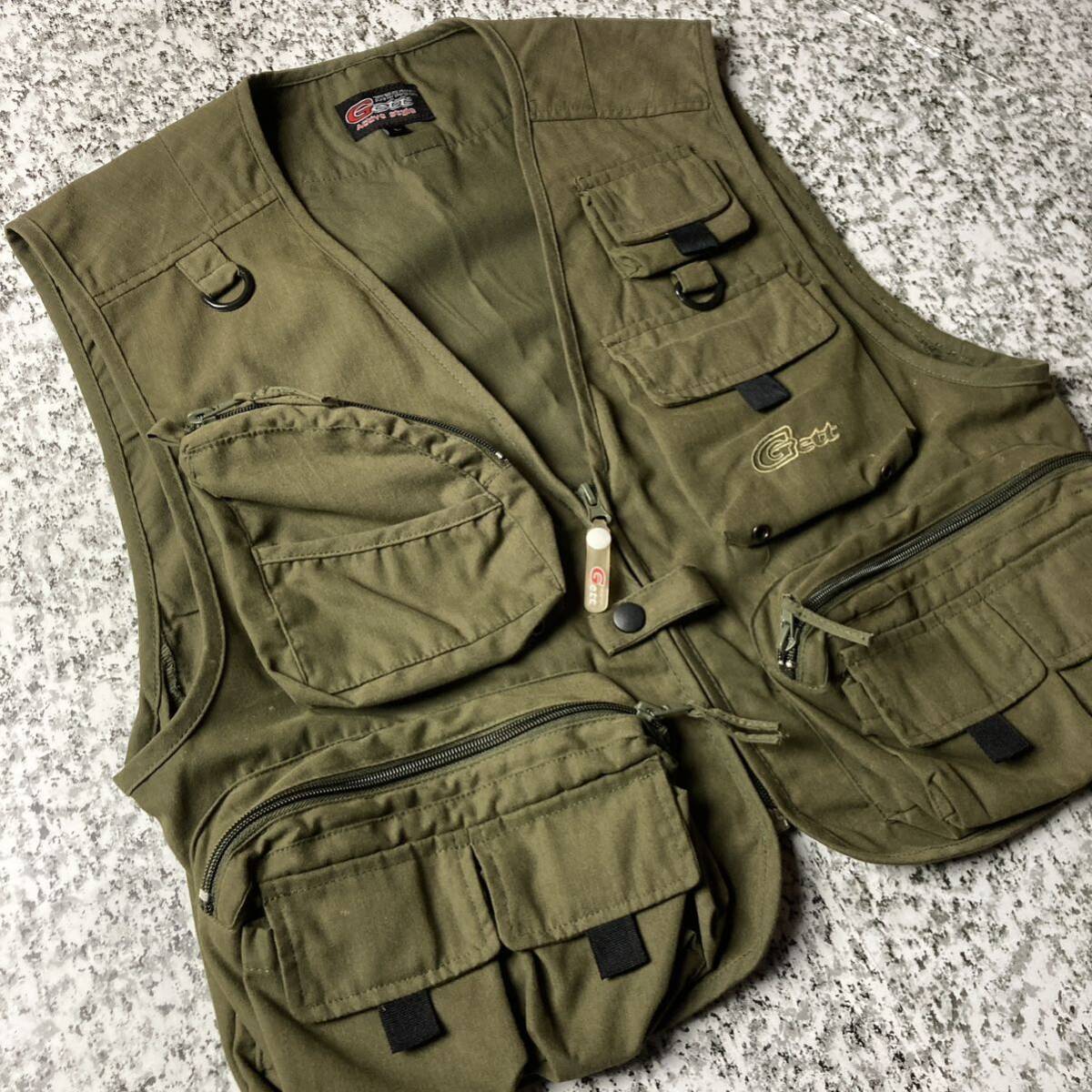 [90s Old ]10 карман большая вместимость короткий длина короткий рыболовный жилет хаки L размер б/у одежда Vintage 