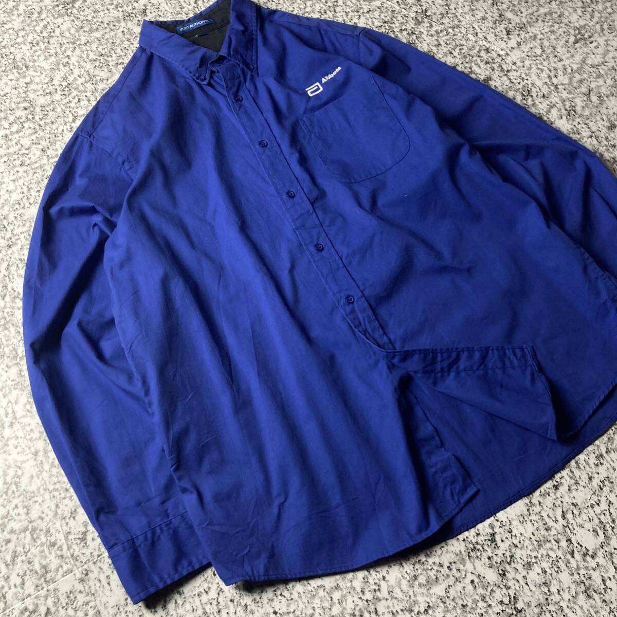 【90sオールド】刺繍企業ロゴ　BDビンテージL/Sワークシャツ　ネイビー　XLサイズ 古着 長袖シャツ 