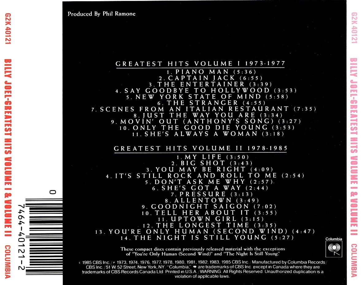 BILLY JOEL＜ビリー・ジョエル＞「Greatest Hits Volume I & Volume II」2枚組ベスト盤CD＜Honesty、Tell Her About It、他収録＞_画像4