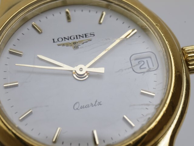 2403-627 ロンジン クオーツ 腕時計 LONGINES フラッグシップ 日付 白文字盤 金色ケース 純正 コンビカラー ライスブレス_画像8