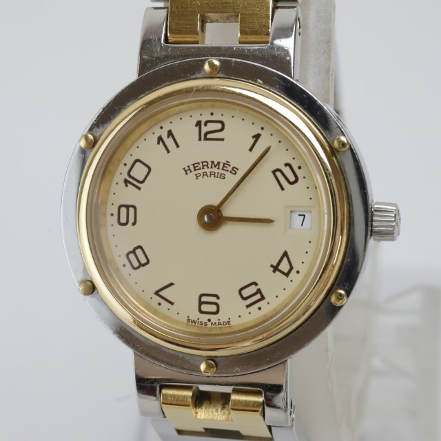 2403-538B エルメス クオーツ 腕時計 HERMES クリッパー 日付 クリーム文字盤 金色ベゼル 純正 コンビカラーブレスの画像1