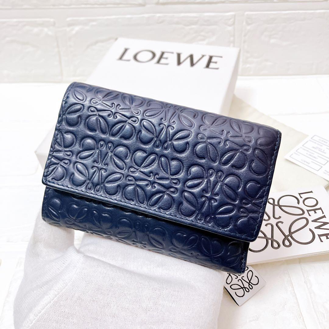 【付属品あり＊美品】ロエベ loewe コンパクト 三つ折り 折り財布 ネイビー レディース 980 アナグラム リピート _画像1