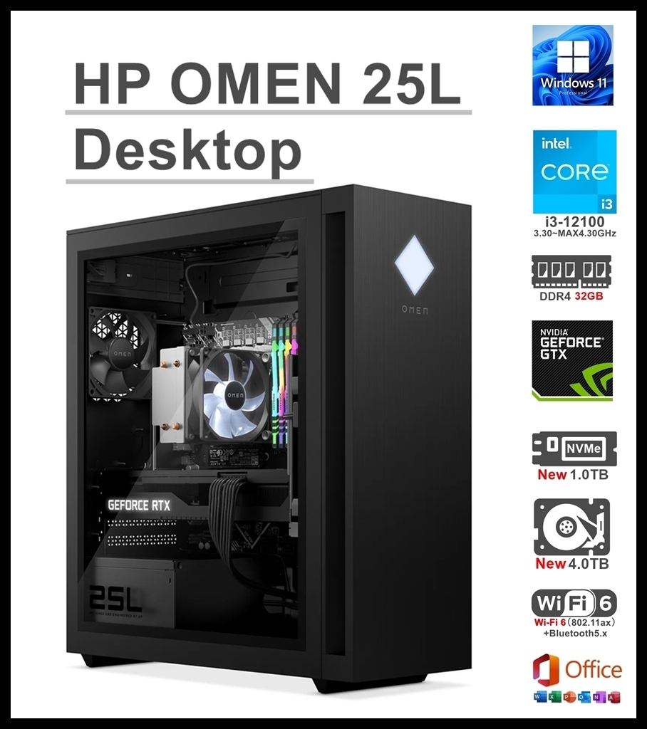 ★HP OMEN 25L Desktop/i3-12100 4コア/GTX1660Ti 6GB/DDR4 RGB 32GB/新品 NVMe SSD1TB/新品HDD4TB/WiFi6/USB3.1/Office2021/Win11Pro★_画像1