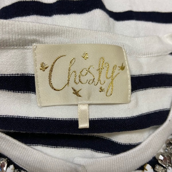 チェスティ Chesty カーディガン サイズF - 白×黒 レディース 長袖/ビジュー/ビーズ/ボーダー 美品 トップス_画像3