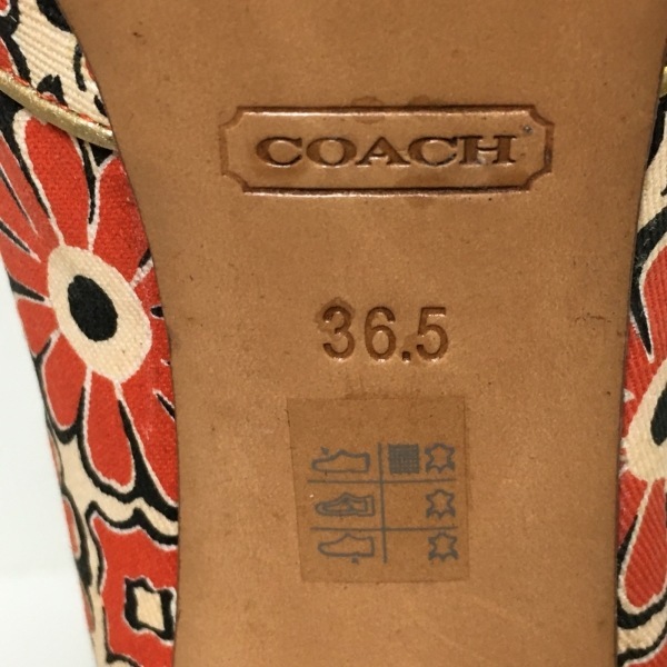 コーチ COACH パンプス 36.5 - コットン レッド×ベージュ×黒 レディース 花柄/オープントゥ 靴_画像6