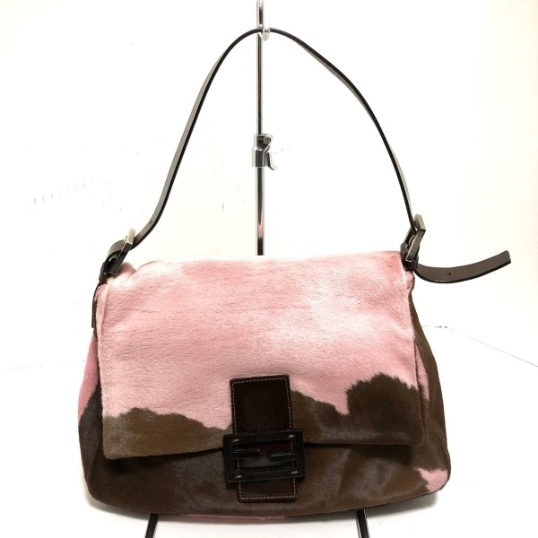 フェンディ FENDI ショルダーバッグ 26325 マンマバケット ハラコ×レザー ピンク×ブラウン 牛柄 美品 バッグ