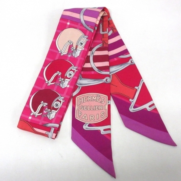 エルメス HERMES ツイリー ピンク×白×マルチ リボンスカーフ/SELLIER/馬 美品 スカーフ