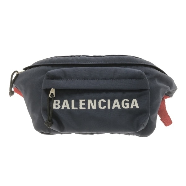 バレンシアガ BALENCIAGA ウエストポーチ 528862 ウィール ベルトパック ナイロン ネイビー×白×ボルドー ロゴ刺繍 美品 バッグ