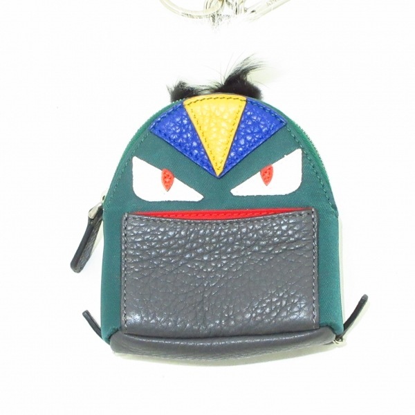  Fendi FENDI key holder ( charm ) 7AR432-52C Monstar bagz nylon × leather × fur dark green × dark gray × multi 