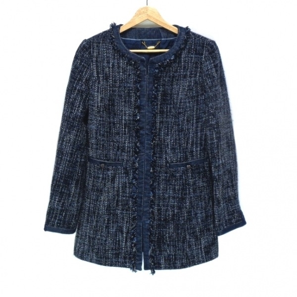  Scapa Scapa size 40 XL - dark navy × white × light blue lady's long sleeve / tweed / spring / autumn coat 