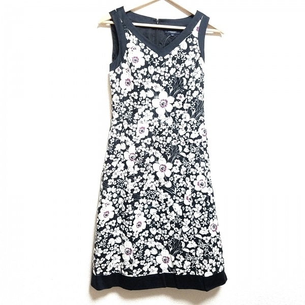  Burberry London Burberry LONDON size 36 M - black × white × multi lady's V neck / no sleeve / knee height / floral print / lame One-piece 