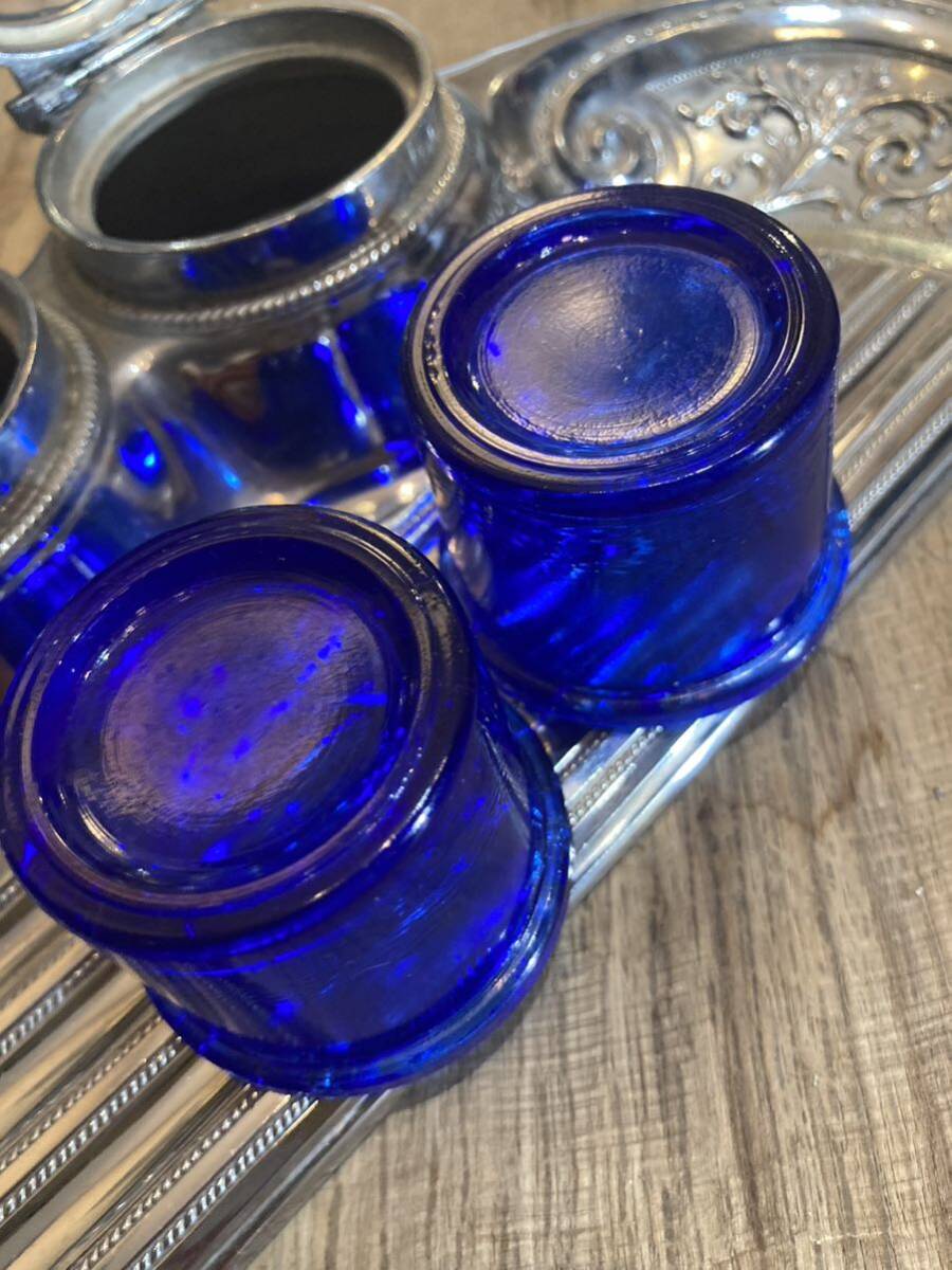 アンティーク ブルーグラスインク壺 シルバー レトロ silver インクスタンド 万年筆 vintage ガラス クリア青色 の画像2