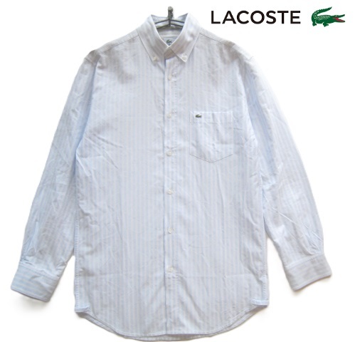 美品!!ラコステ LACOSTE*ワニロゴ刺繍 ロンドンストライプ柄オックスフォードボタンダウンシャツ 2 実寸S 白×水色 ファブリカ_画像1