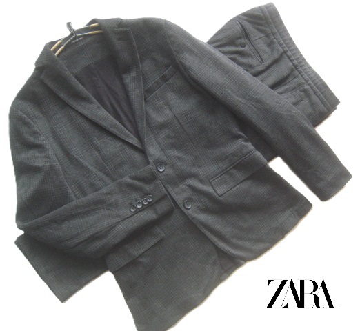 美品トルコ製!!ザラ ZARA*グレンチェック柄 ストレッチスウェット 2つボタンスーツ・セットアップ 46 M グレー_画像1