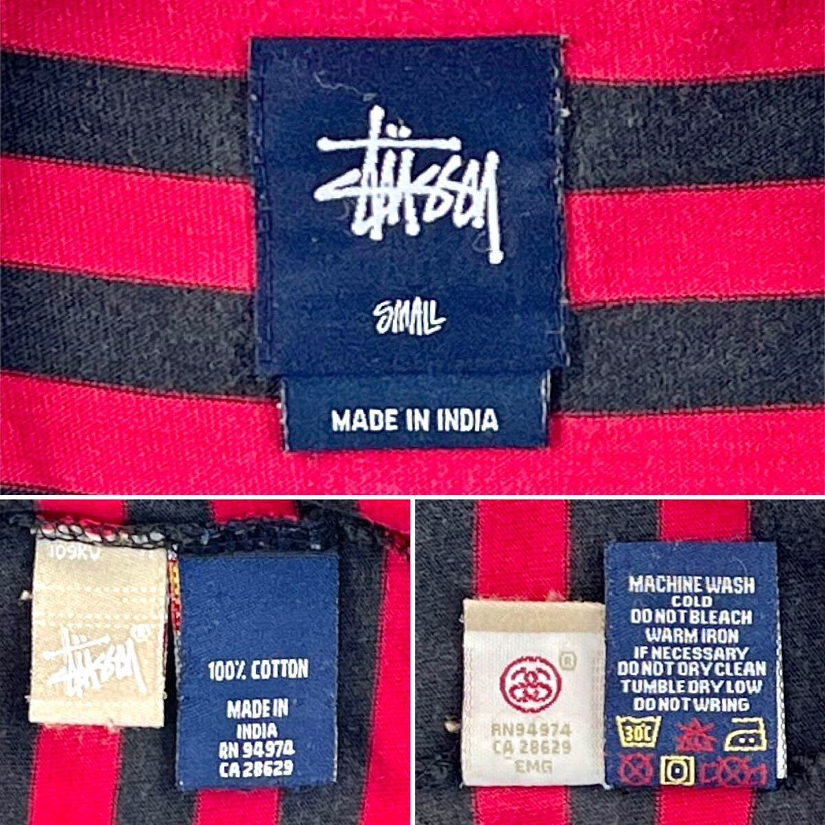 中古 STUSSY ステューシー 赤黒 レッド ブラック ボーダー ラグラン ロンT 長袖Tシャツ アメリカ ストリート サーフ スケーター ブランド S