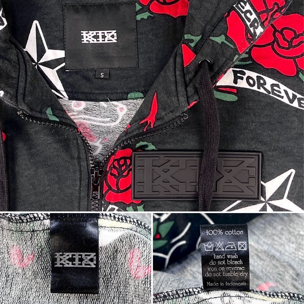 中古 KTZ Kokon to Zai ココントーザイ ハート 剣 ダガー バラ 薔薇 ロックスター TATOO タトゥーモチーフ 総柄 ジップアップ パーカー S_画像10