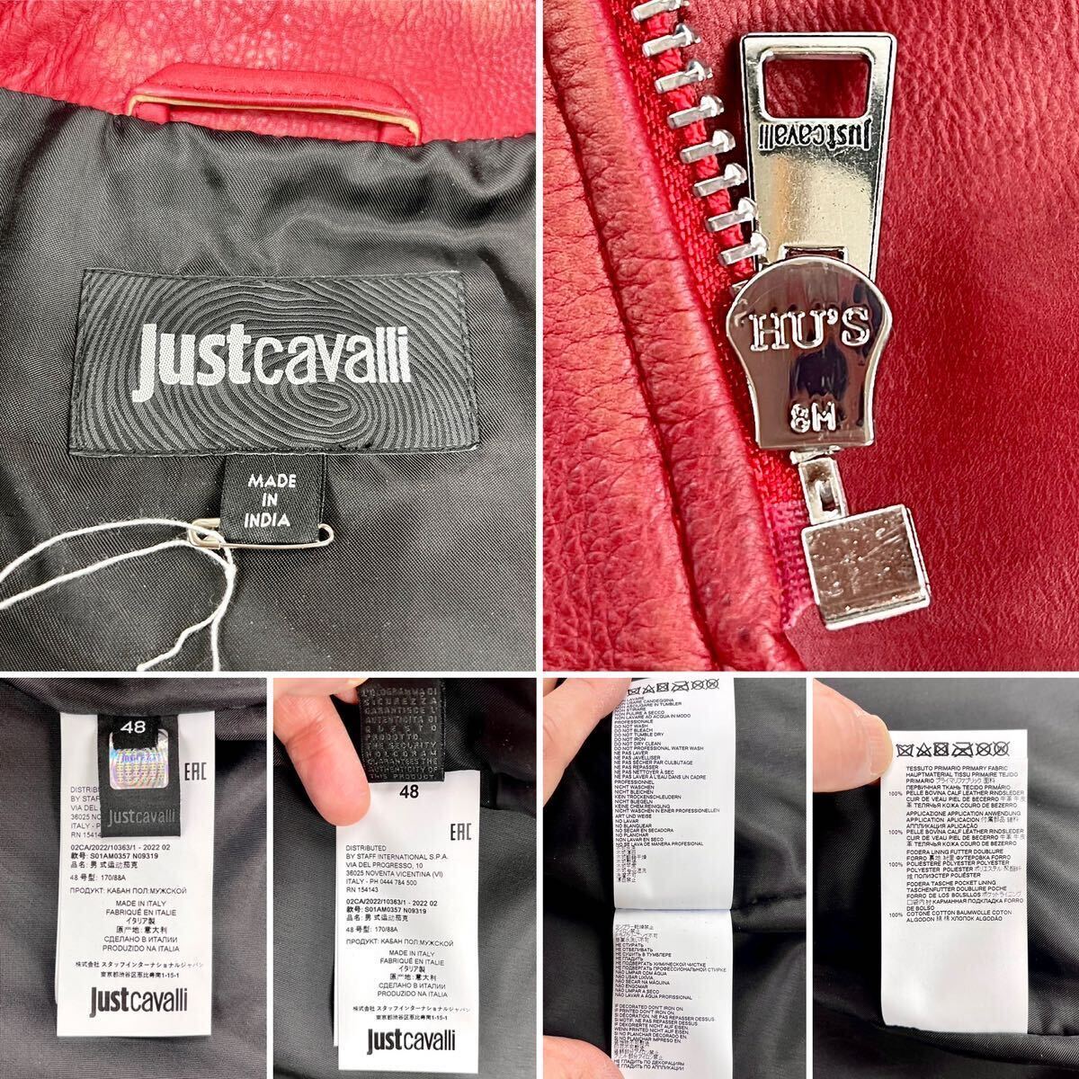 新品 Just Cavalli ジャストカヴァリ ユーズド ウォッシュ 加工 ダブルライダース 牛革 カーフレザー ジャケット ヴィンテージレッド 赤 48