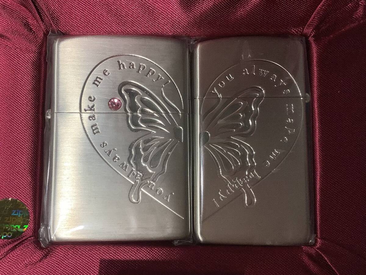 13369 1円〜 未使用品 ジッポー オイルライター ペア セット ハート バタフライ Zippo_画像2