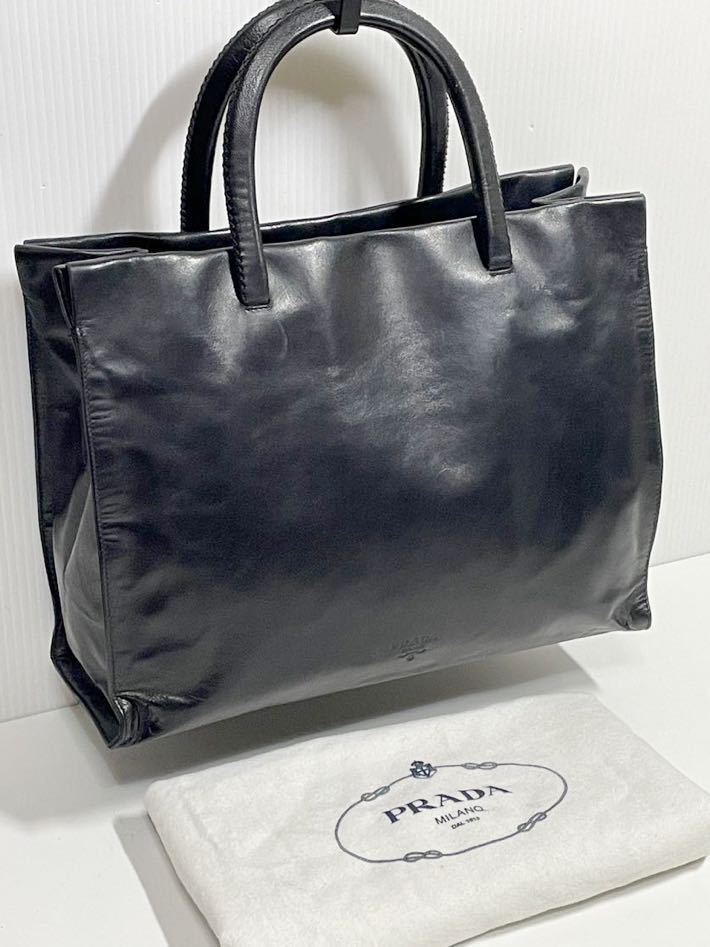 aa65■ 極美品 プラダ PRADA 本革 レザー トートバッグ 黒 巾着袋付属_画像1